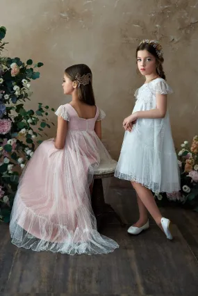 2324 Girls Empire Waist Boho Flower Girl Dress 5T Long/Ivory