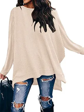 ANRABESS Women's Oversized Crewneck Long Batwing Sleeve Waffle Knit Lightweight Casual Loose Split Sweater Shirts Tunic Tops blue Small