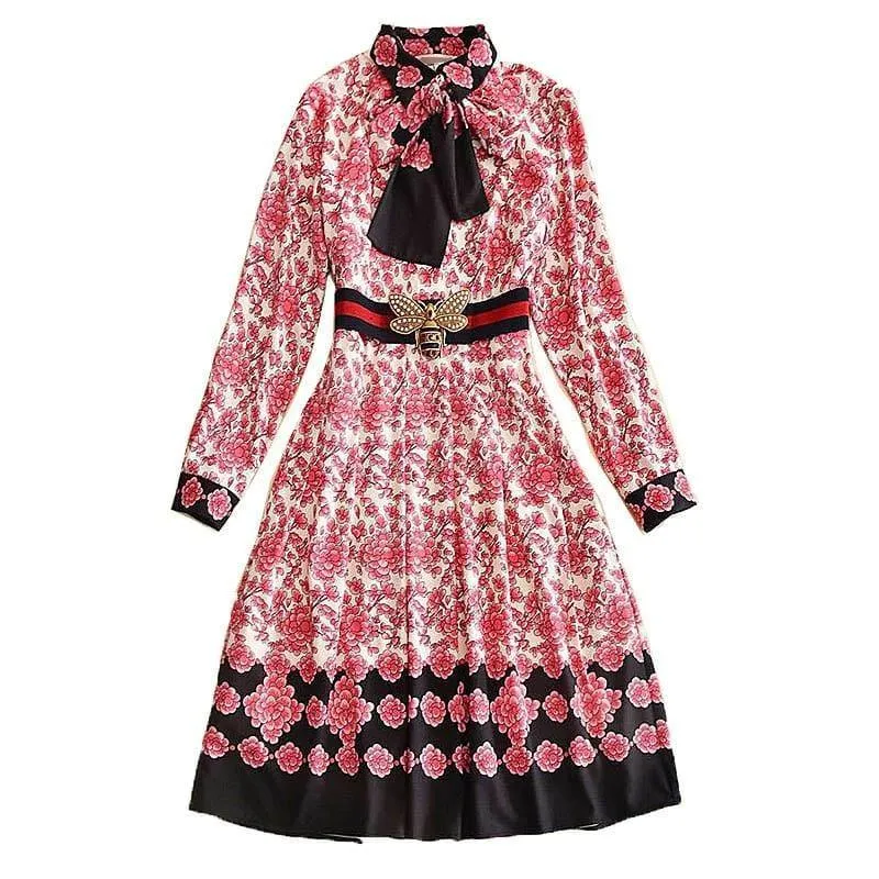 Beach Boho Bees Belts Chic Vintage Print Long Sleeve Dress