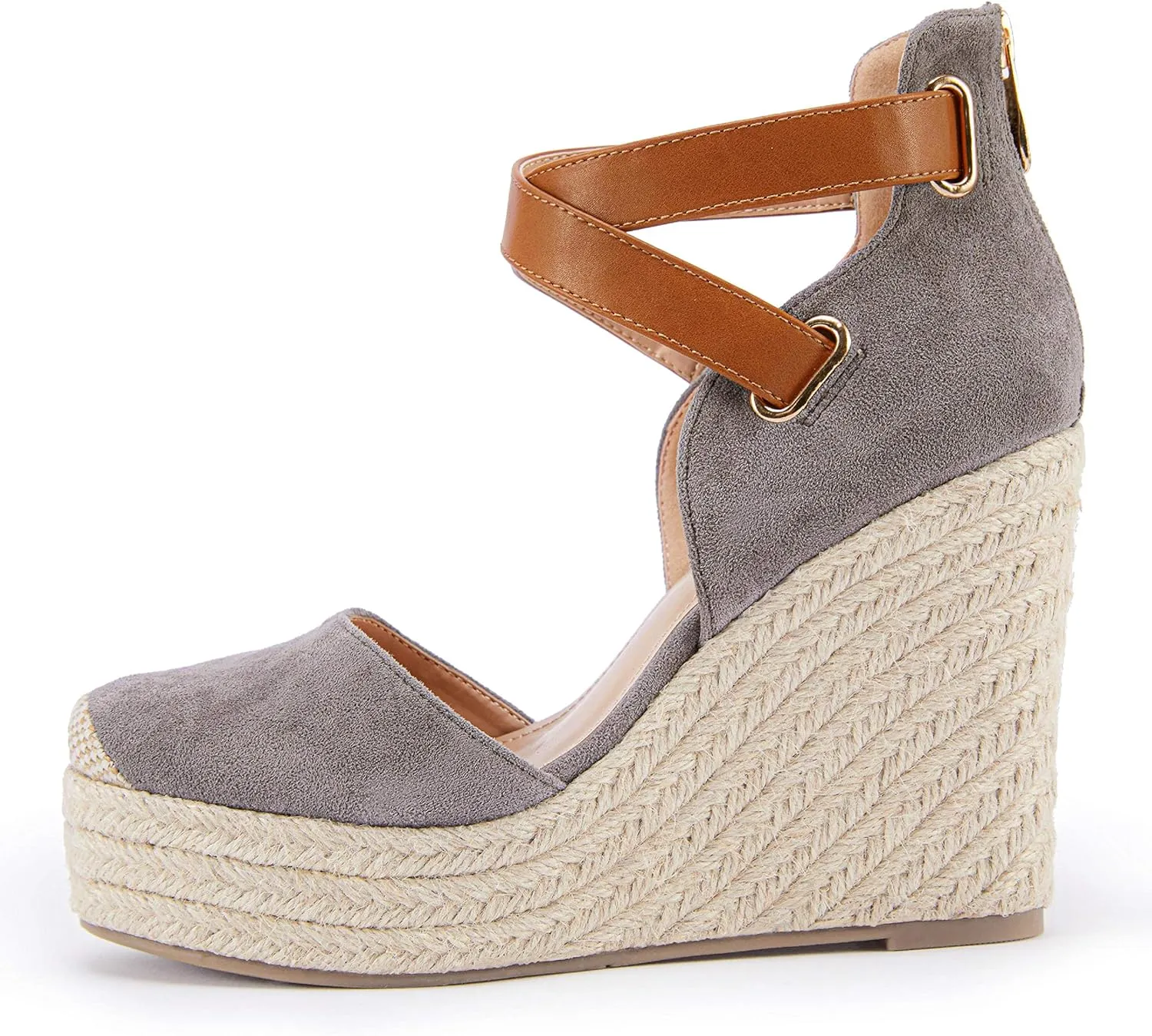 Beige Suede Wedge Ankle Strap Closed Toe Sandalse