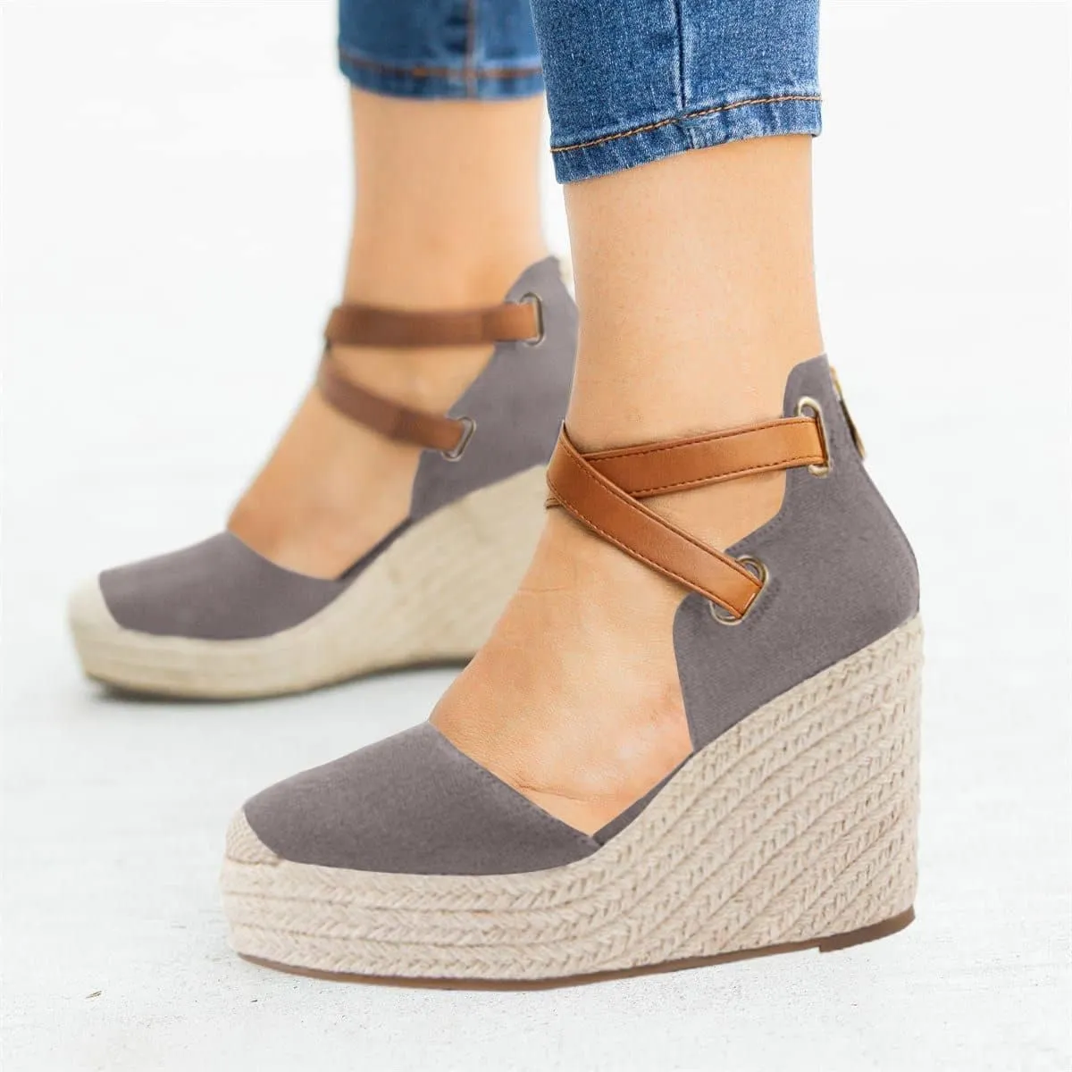 Beige Suede Wedge Ankle Strap Closed Toe Sandalse