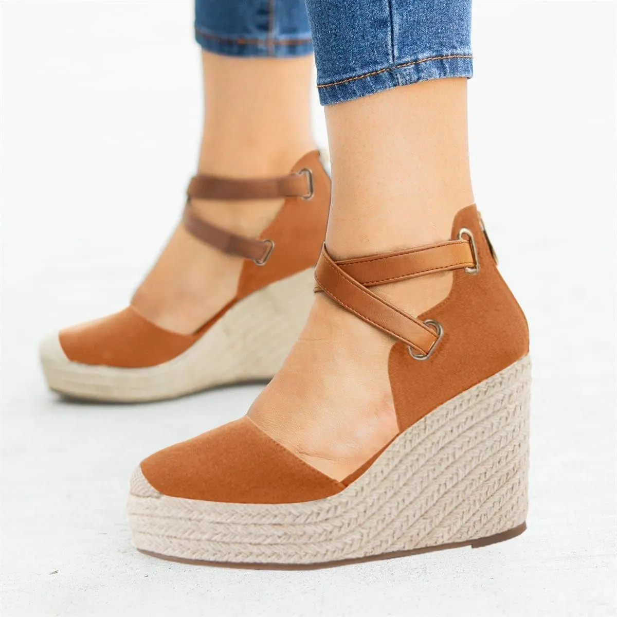 Beige Suede Wedge Ankle Strap Closed Toe Sandalse