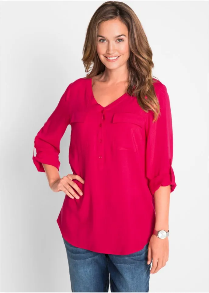 Blouse with v-neck and long sleeves Bpc Bonprix Collection, red