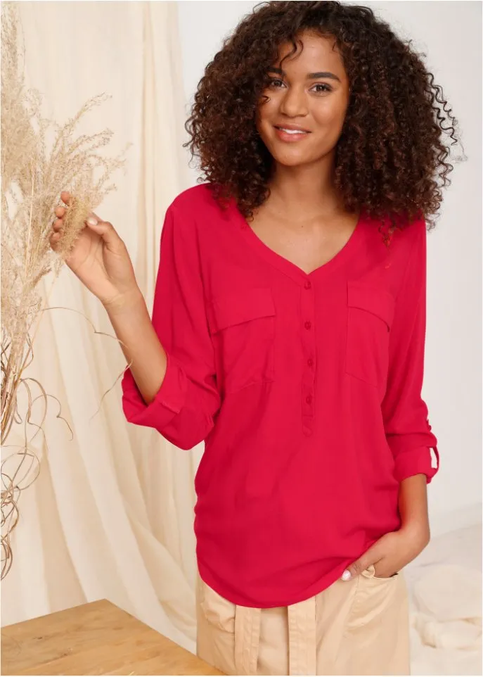 Blouse with v-neck and long sleeves Bpc Bonprix Collection, red