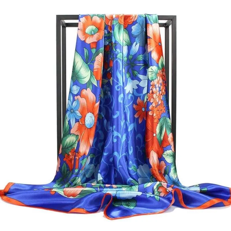 Boho Chic Retro blue Scarf with large flower print