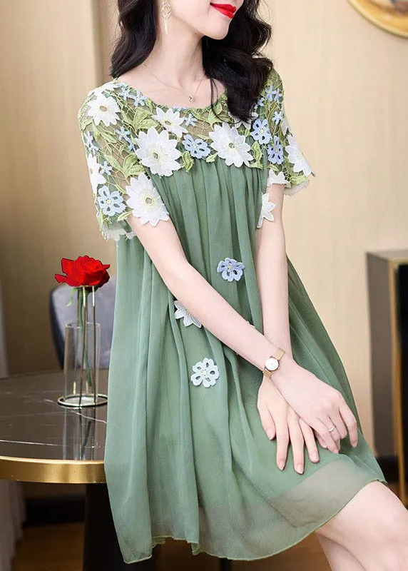 Boho Green O-Neck Embroideried Patchwork Tulle Mid Dresses Short Sleeve LY4470