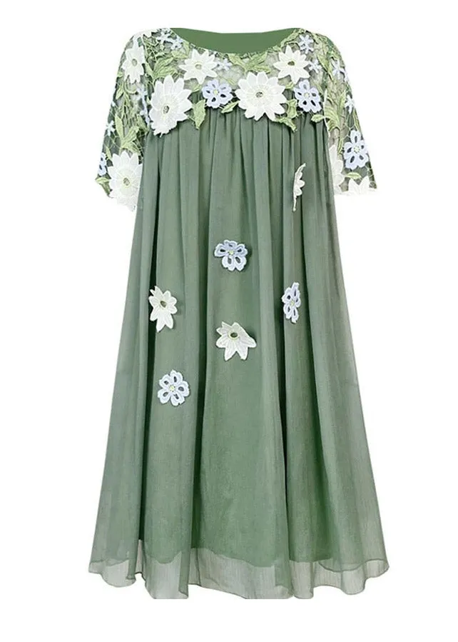 Boho Green O-Neck Embroideried Patchwork Tulle Mid Dresses Short Sleeve LY4470