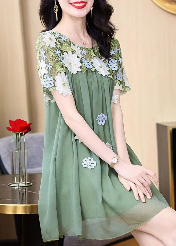 Boho Green O-Neck Embroideried Patchwork Tulle Mid Dresses Short Sleeve LY4470