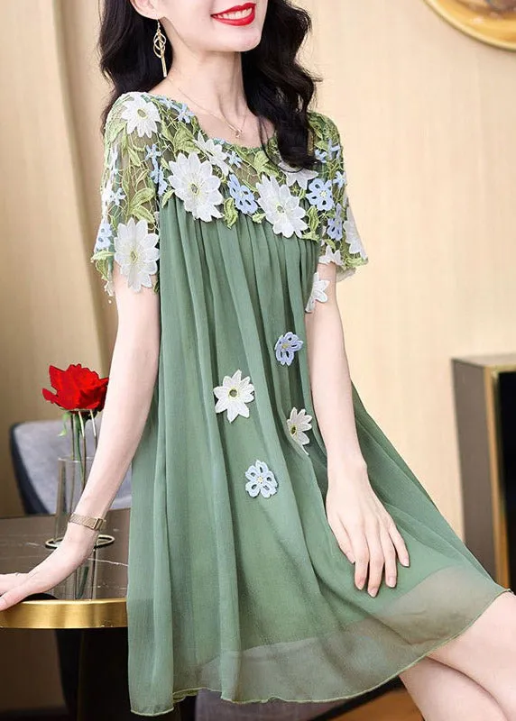 Boho Green O-Neck Embroideried Patchwork Tulle Mid Dresses Short Sleeve LY4470