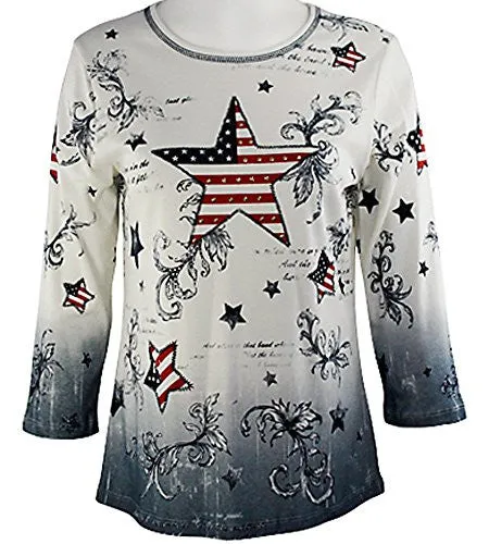 Cactus Fashion - Stars & Stripes II, 3/4 Sleeve, Cotton Print Rhinestone Top