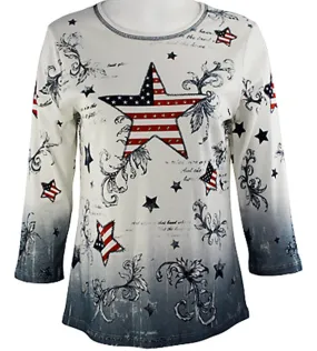 Cactus Fashion - Stars & Stripes II, 3/4 Sleeve, Cotton Print Rhinestone Top