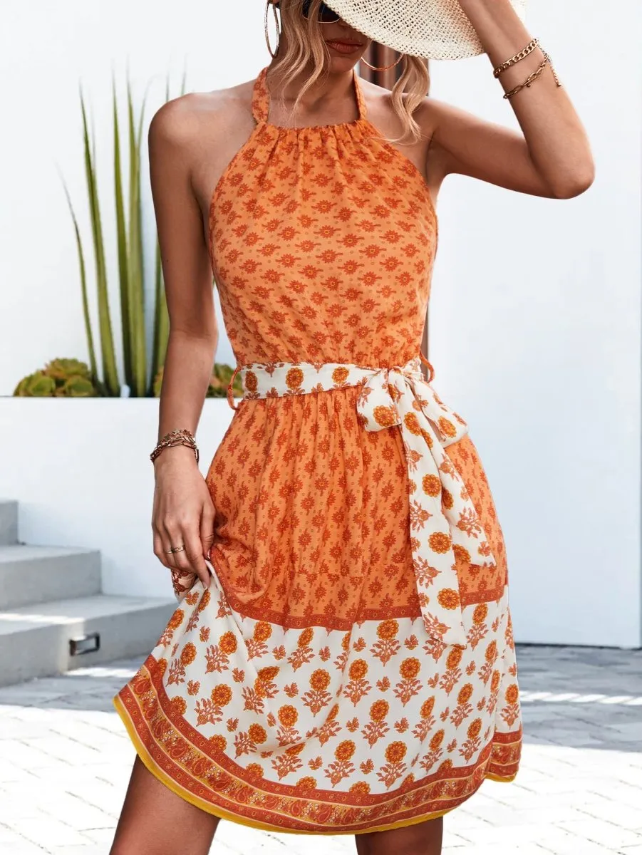 Caribbean Sunset Orange Floral Mini Dress