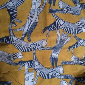 Cat Party Yellow Cotton cambric 44 inches width Fabric per meter