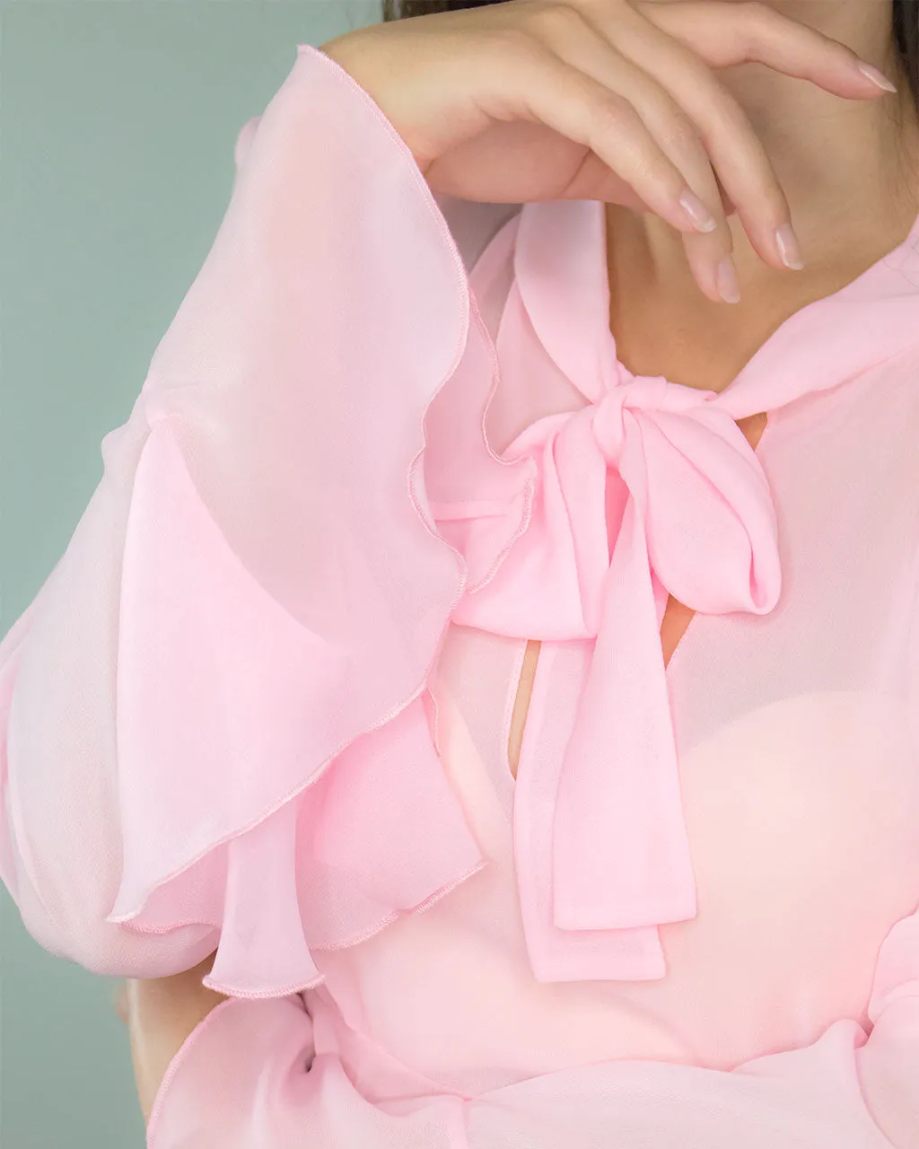 Clarissa Pink Chiffon Peplum Blouse with Pussy Bow