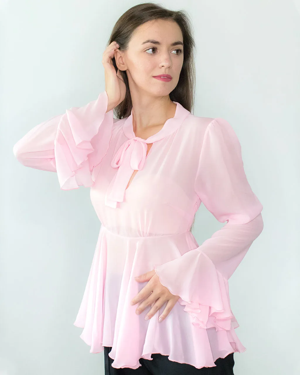 Clarissa Pink Chiffon Peplum Blouse with Pussy Bow