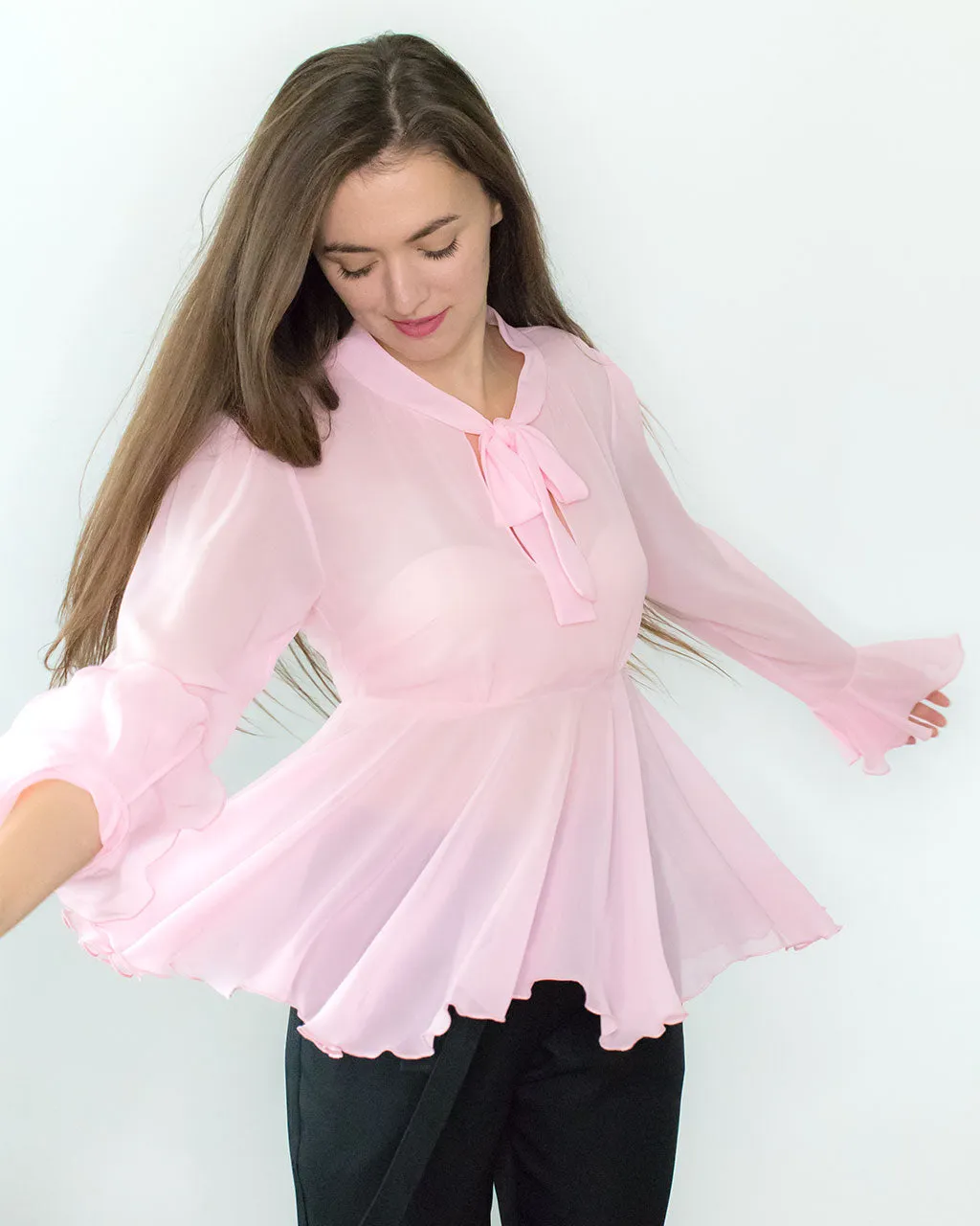 Clarissa Pink Chiffon Peplum Blouse with Pussy Bow