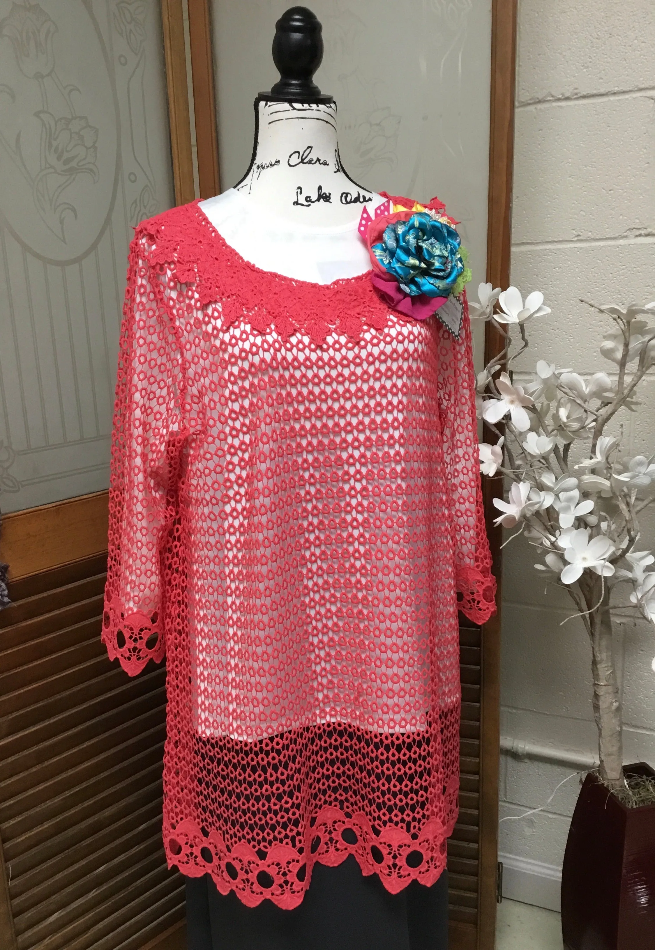 Coral Crochet Mesh Tunic