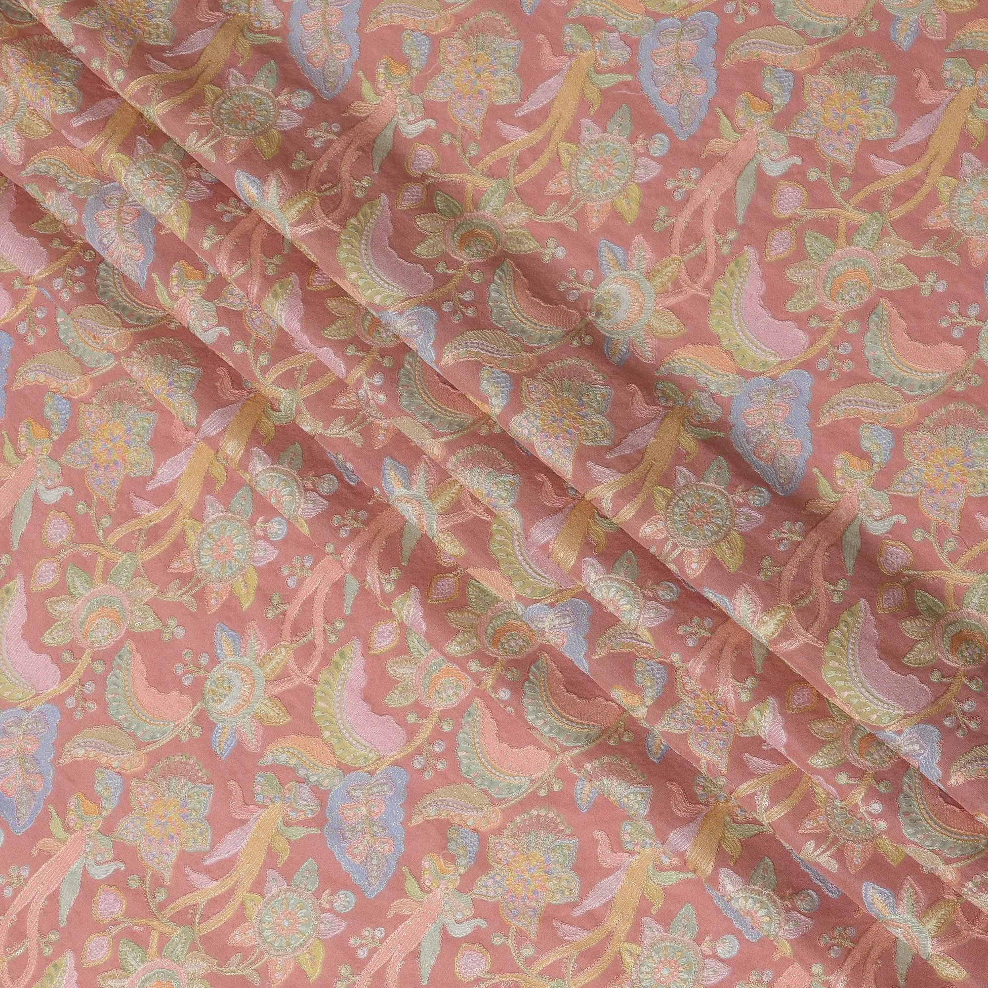 Coral Pink Pure Tussar Silk Fabric with Embroidery, 110 cm Width-D20695