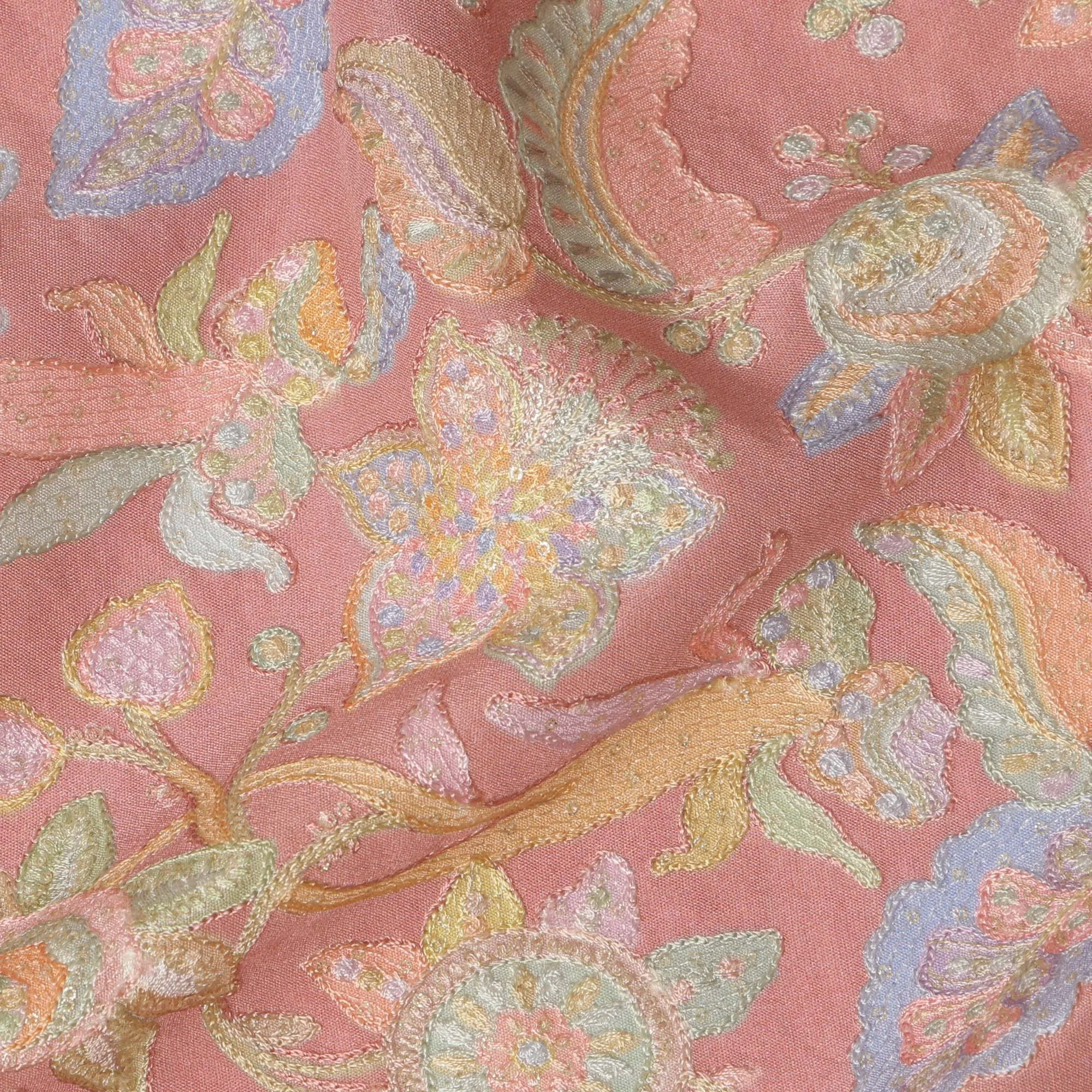 Coral Pink Pure Tussar Silk Fabric with Embroidery, 110 cm Width-D20695