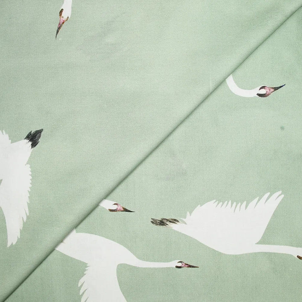 Coton imprimé envolée cygnes écru fond vert pastel