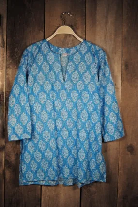 Cotton Print Tunic in Turquoise Waves in Blue