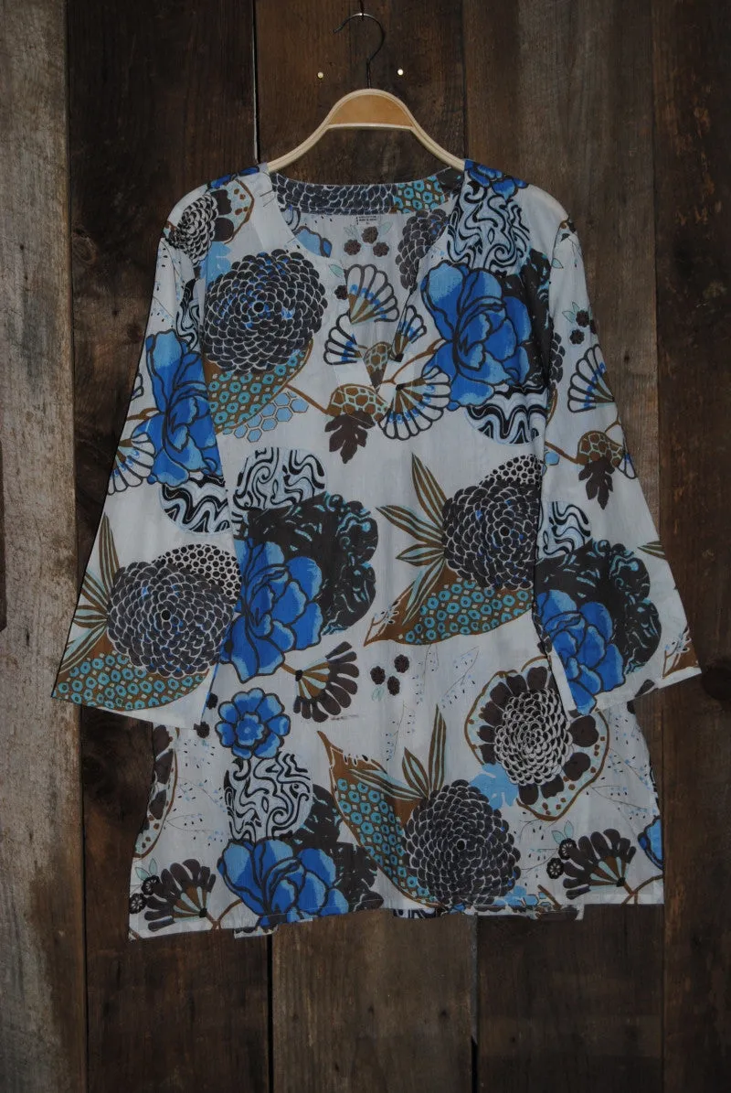 Cotton Tunic Top Blue Mums on White