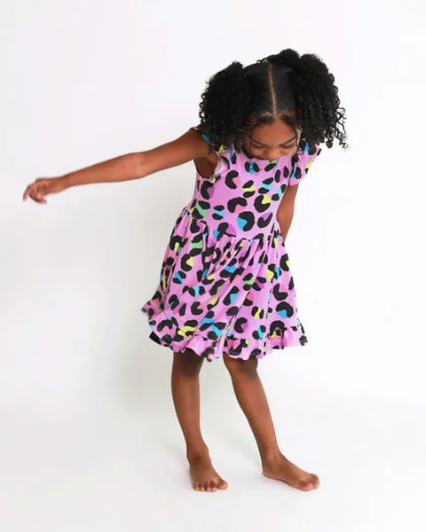 Electric Leopard Ruffled Cap Sleeve Twirl Dress