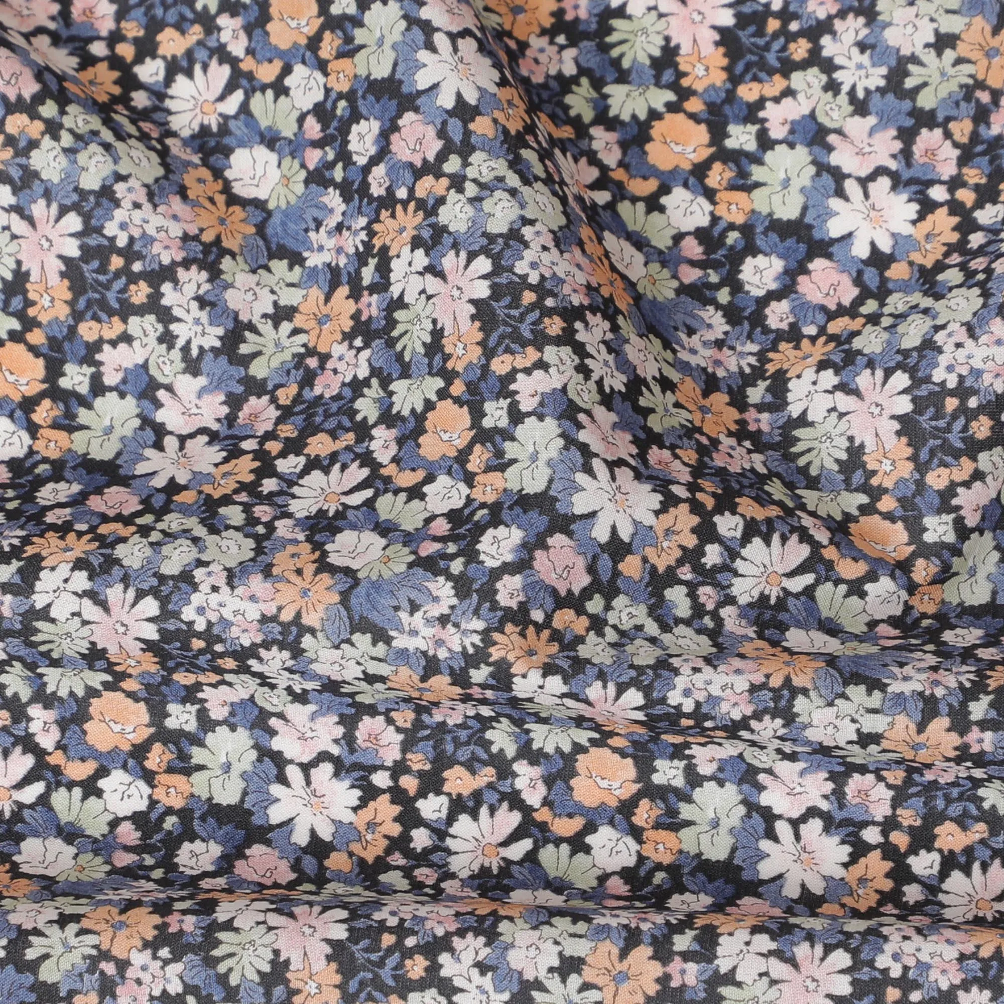 Elegant Floral Cotton Lawn Fabric - Black with Pastel Blossoms, 110 cm Wide, Japanese Design-D19539