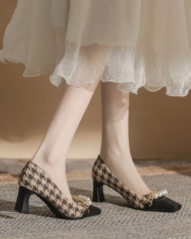 elveswallet Pearl-Embellished Chunky Heel Plaid Velvet Shoes