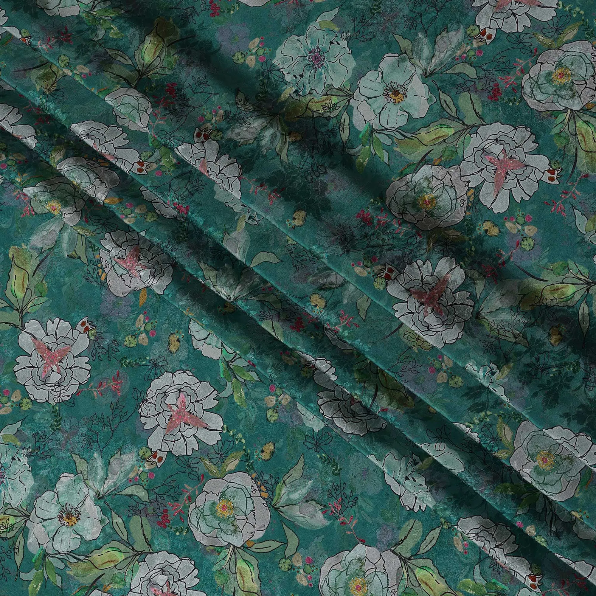 Emerald Green Indian Viscose Modal Satin Fabric, Floral Print, 110 cm Width-D20938