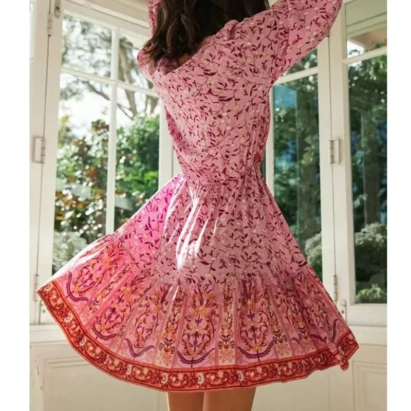 FashionSierra-Long Sleeve  Vintage  Pink Floral Print  Cotton  Autumn  V-neck  Sexy  Ruffles  Boho Dress