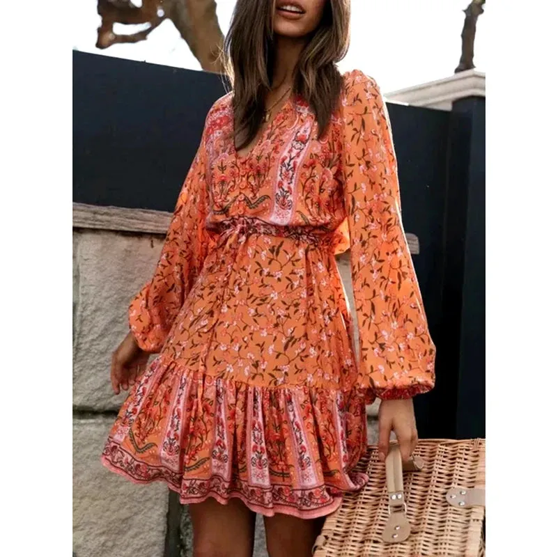 FashionSierra-Long Sleeve  Vintage  Pink Floral Print  Cotton  Autumn  V-neck  Sexy  Ruffles  Boho Dress