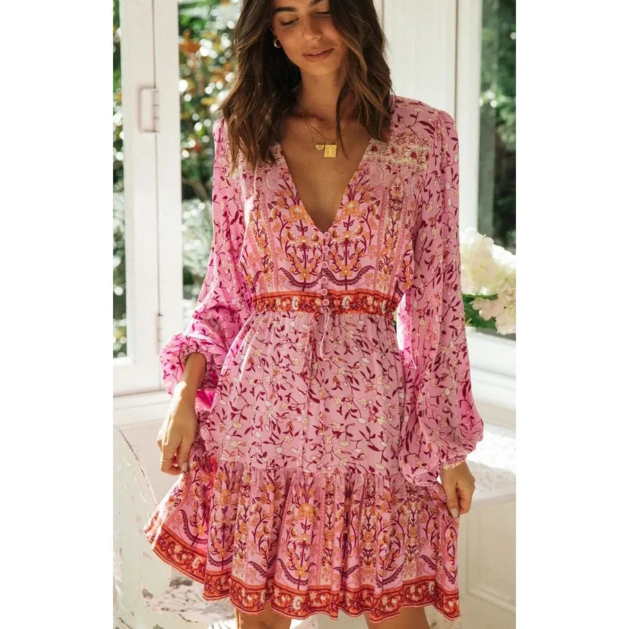 FashionSierra-Long Sleeve  Vintage  Pink Floral Print  Cotton  Autumn  V-neck  Sexy  Ruffles  Boho Dress