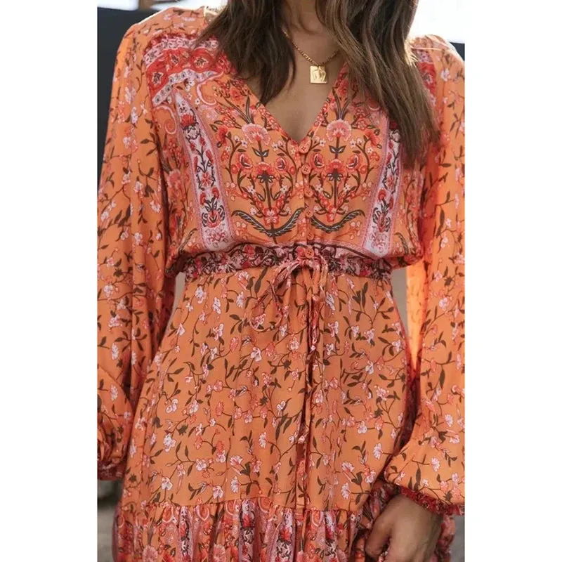 FashionSierra-Long Sleeve  Vintage  Pink Floral Print  Cotton  Autumn  V-neck  Sexy  Ruffles  Boho Dress