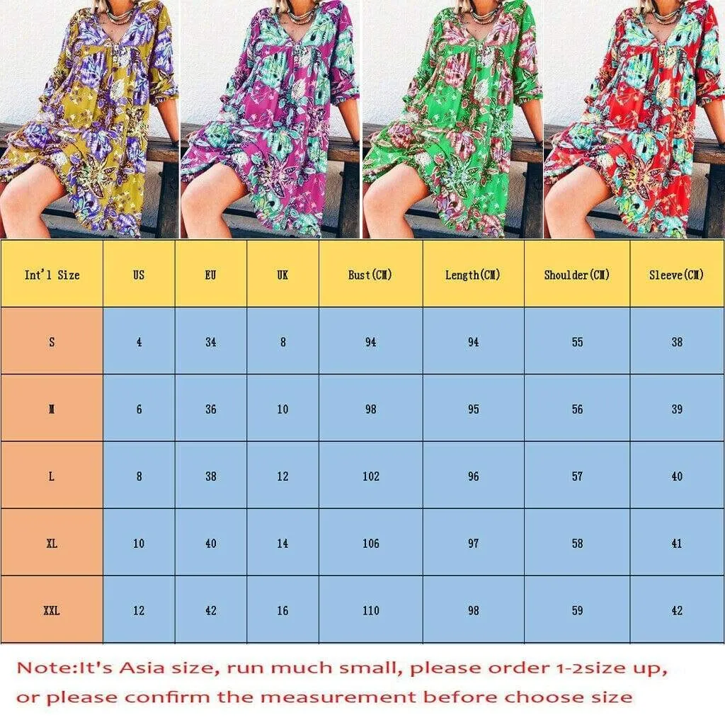 FashionSierra - New Fashion Women Long Sleeve Summer Autumn Boho Floral Printed Beach Casual Loose Kaftan Tunic Beach Mini Dress Sundress