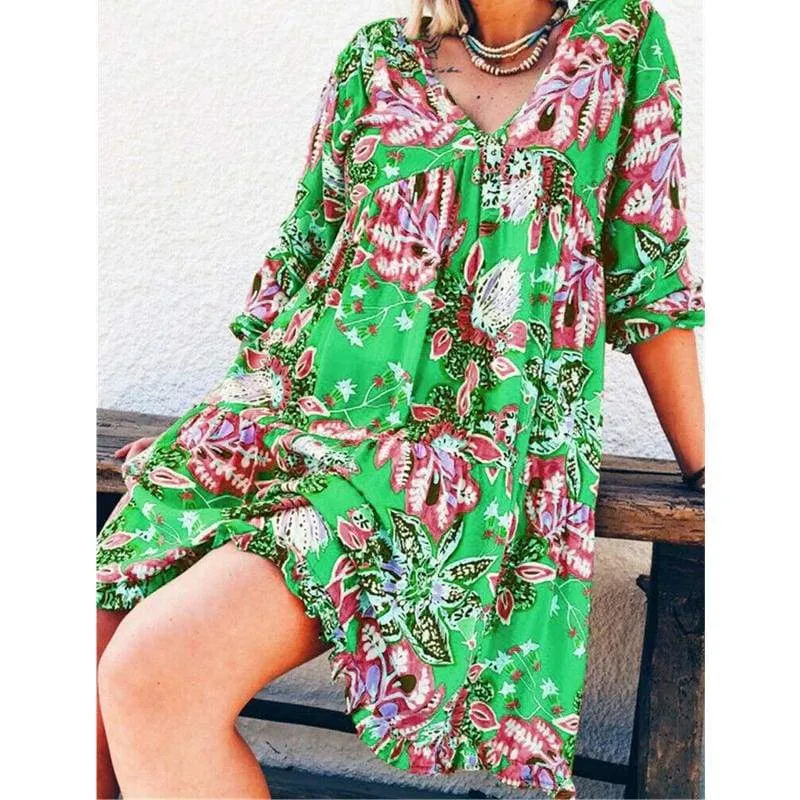 FashionSierra - New Fashion Women Long Sleeve Summer Autumn Boho Floral Printed Beach Casual Loose Kaftan Tunic Beach Mini Dress Sundress