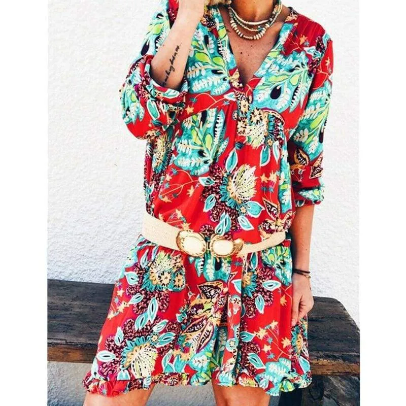 FashionSierra - New Fashion Women Long Sleeve Summer Autumn Boho Floral Printed Beach Casual Loose Kaftan Tunic Beach Mini Dress Sundress