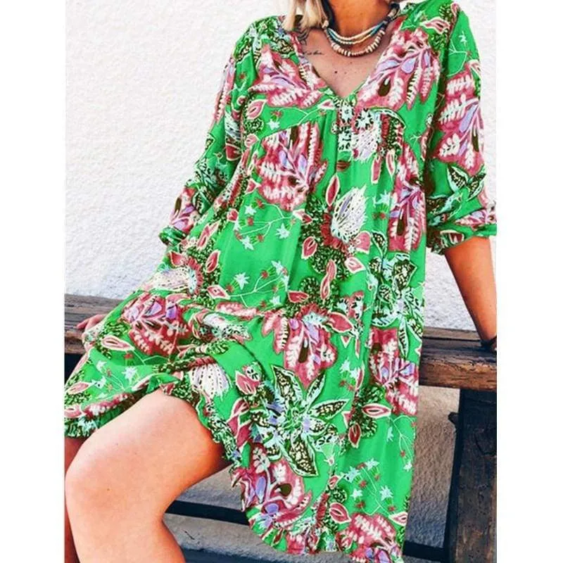 FashionSierra - New Fashion Women Long Sleeve Summer Autumn Boho Floral Printed Beach Casual Loose Kaftan Tunic Beach Mini Dress Sundress