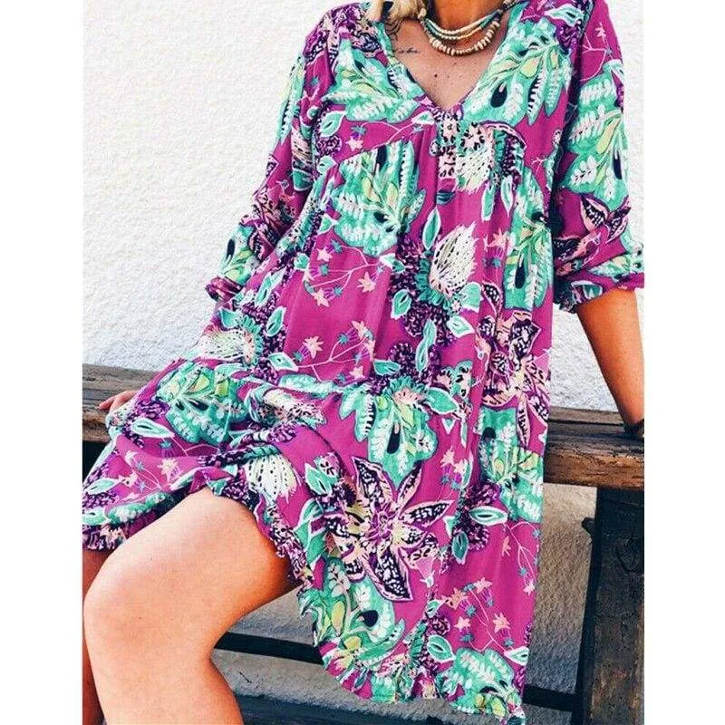 FashionSierra - New Fashion Women Long Sleeve Summer Autumn Boho Floral Printed Beach Casual Loose Kaftan Tunic Beach Mini Dress Sundress