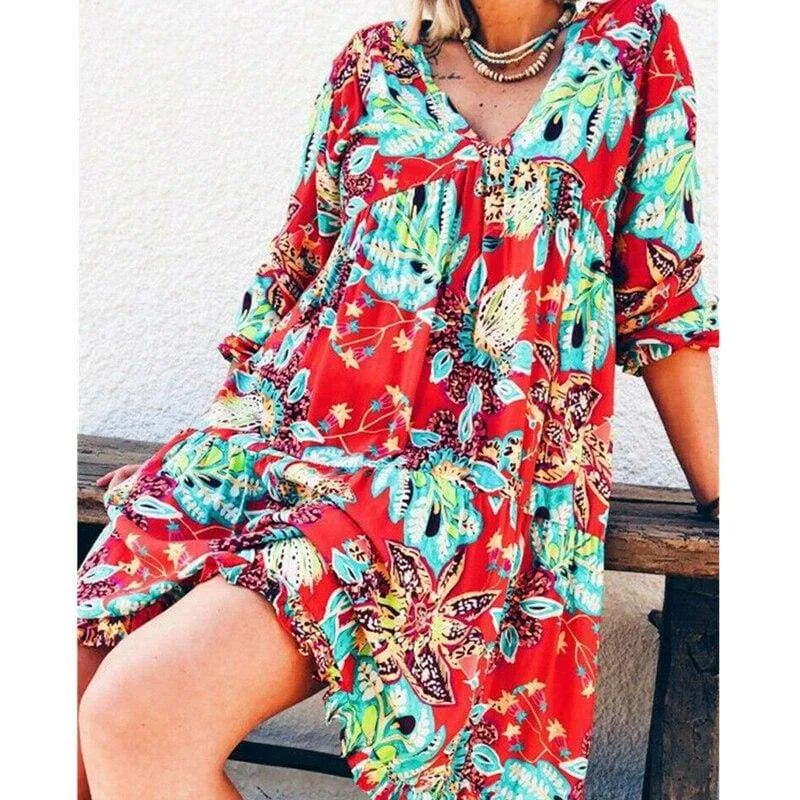 FashionSierra - New Fashion Women Long Sleeve Summer Autumn Boho Floral Printed Beach Casual Loose Kaftan Tunic Beach Mini Dress Sundress