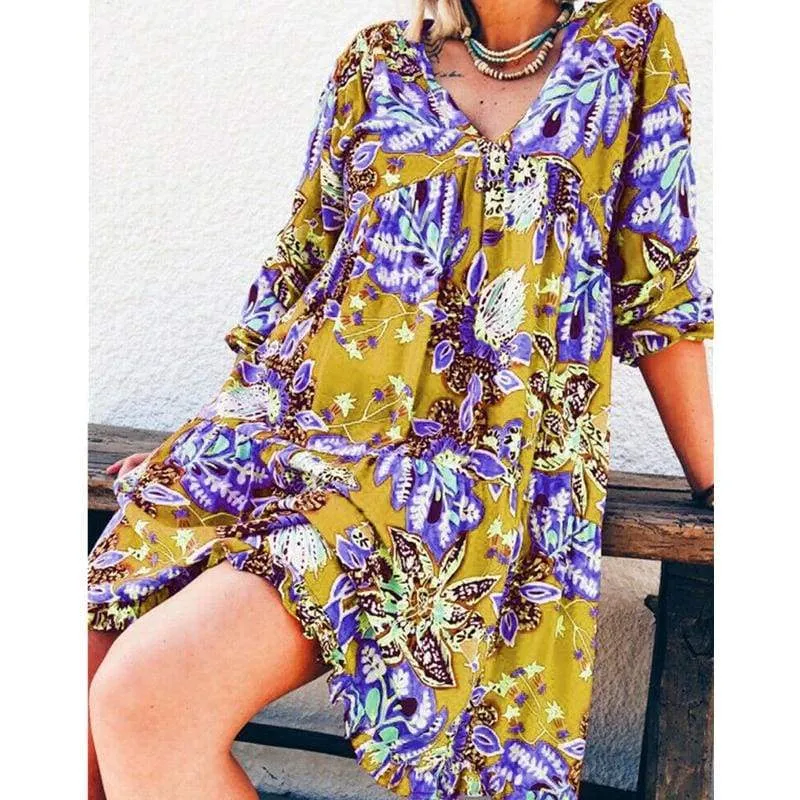 FashionSierra - New Fashion Women Long Sleeve Summer Autumn Boho Floral Printed Beach Casual Loose Kaftan Tunic Beach Mini Dress Sundress