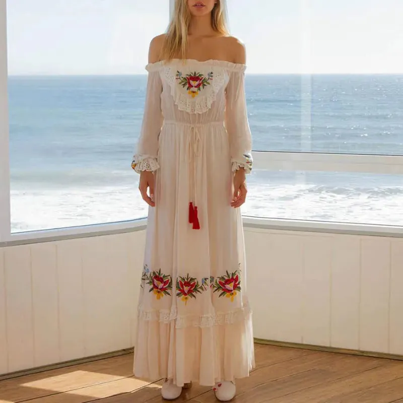 FashionSierra-Off The Shoulder Long Sleeve Maxi Women Vintage White Embroidery Lace Autumn Vestidos Casual Tassel Long Robe Boho Dress