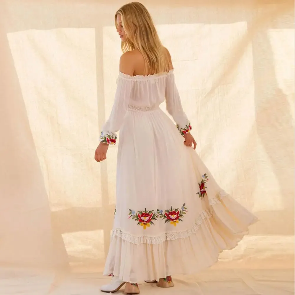 FashionSierra-Off The Shoulder Long Sleeve Maxi Women Vintage White Embroidery Lace Autumn Vestidos Casual Tassel Long Robe Boho Dress