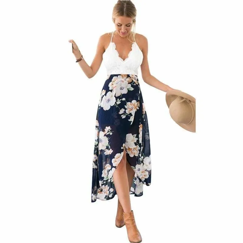 FashionSierra - Summer Dress Lace Boho Split Floral Print V-Neck Backless Beach Dress