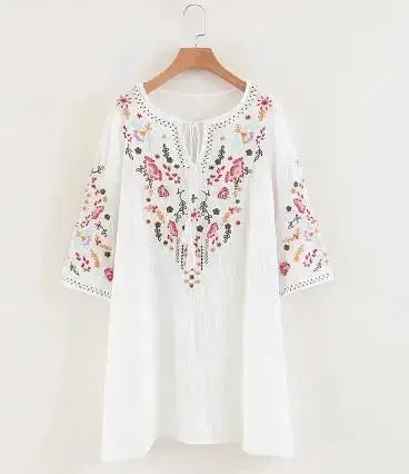 FashionSierra-Summer  Floral Embroidery  Mini  2024  Cotton Rayon  O-neck  Short Sleeve  Casual  Loose  Women Boho Dress