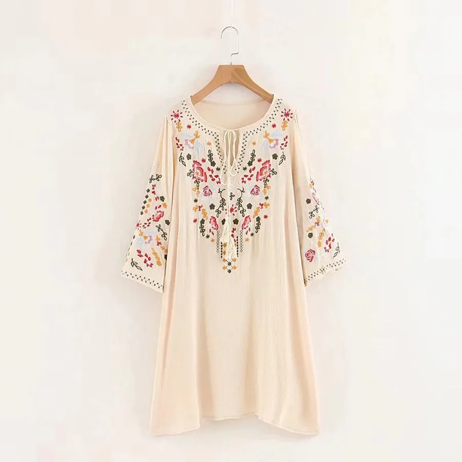 FashionSierra-Summer  Floral Embroidery  Mini  2024  Cotton Rayon  O-neck  Short Sleeve  Casual  Loose  Women Boho Dress