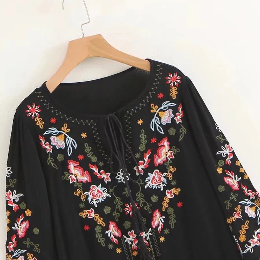 FashionSierra-Summer  Floral Embroidery  Mini  2024  Cotton Rayon  O-neck  Short Sleeve  Casual  Loose  Women Boho Dress