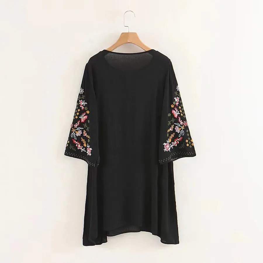 FashionSierra-Summer  Floral Embroidery  Mini  2024  Cotton Rayon  O-neck  Short Sleeve  Casual  Loose  Women Boho Dress