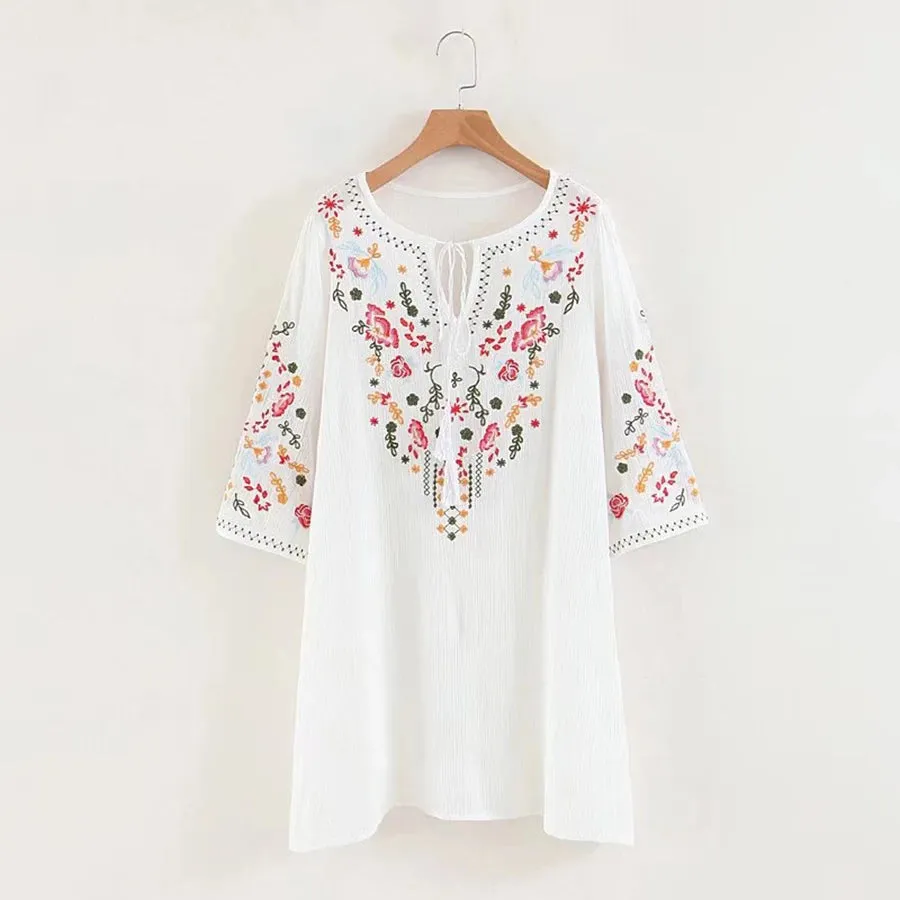 FashionSierra-Summer  Floral Embroidery  Mini  2024  Cotton Rayon  O-neck  Short Sleeve  Casual  Loose  Women Boho Dress