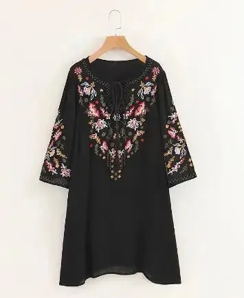 FashionSierra-Summer  Floral Embroidery  Mini  2024  Cotton Rayon  O-neck  Short Sleeve  Casual  Loose  Women Boho Dress